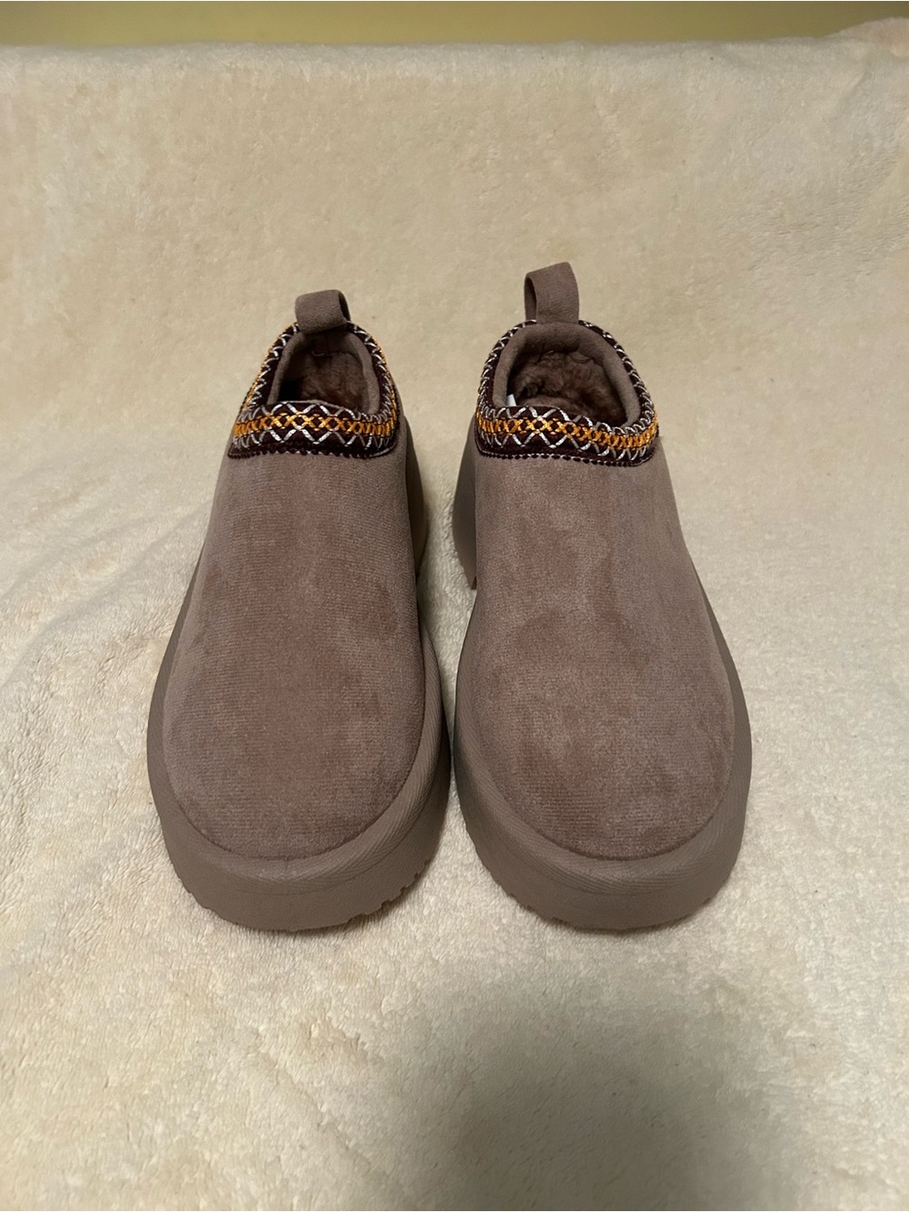 Women's Slip-On Suede Mules in Taupe with Braided Trim